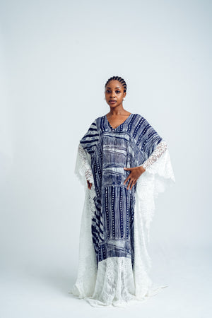 CHIFFON AND LACE PANELLED V NECKLINE KAFTAN